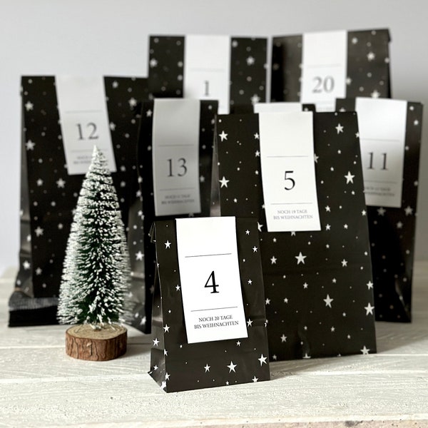 Adventskalender Set "Sterne" zum Befüllen | 24x Papiertüten und 24x Adventszahlen