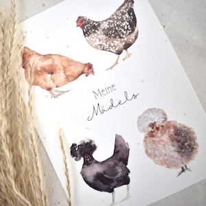 Postkarte A6 Huhn Aquarell „Meine Mädels“ Bunte Hühner | Grußkarte, Klappkarte, Spruch, Geburtstagskarte