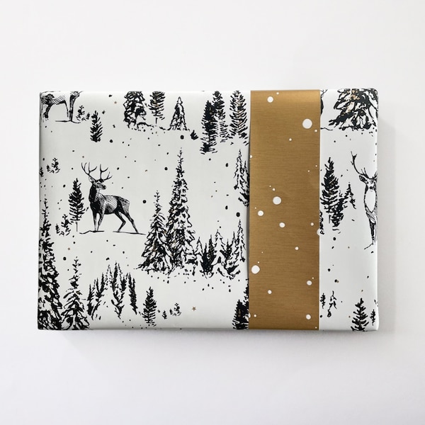 Geschenkpapier Weihnachten Rentierwald Vintage Schwarz-Weiß | Einpackpapier, Weihnachtspapier, Geschenkverpackung auf Rolle