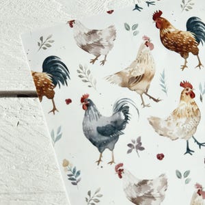 May include: A seamless pattern featuring watercolor illustrations of roosters and hens. The background is white with a subtle texture. The roosters and hens are depicted in various poses, with some standing, some walking, and some looking to the side. The colors used in the illustrations are muted and earthy, with shades of brown, gray, and white.