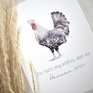 Postkarte A6 Huhn Aquarell „Hennen liefern“ Appenzeller | Grußkarte, Klappkarte, Spruch, Geburtstagskarte