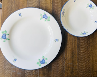 May include: White ceramic plate and bowl set with a blue rim and a repeating pattern of blue fruit and green leaves. The plate is larger than the bowl and both are on a wooden surface.
