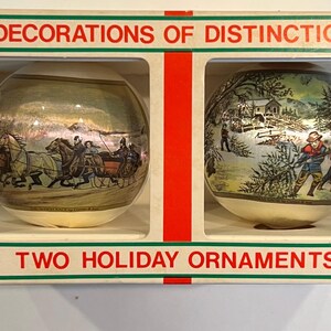Vintage Pair of Satin Ball Ornaments with Currier & Ives Scenes