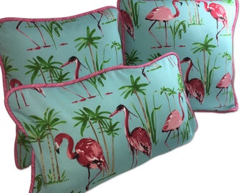 Flamingos w/Palm Trees. Florida style, Stuffed Outdoor Pillows, Patio, Accent, Throw, Sun Porch.  Variety of sizes. Ready to toss Custom