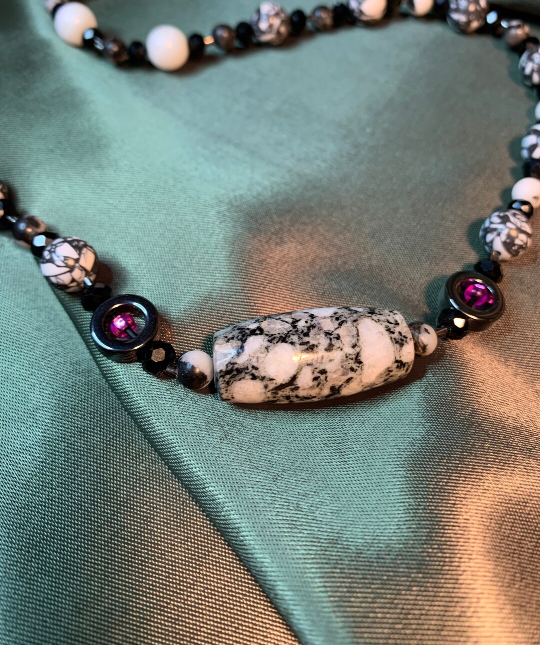 Diorite Barrel Bead Necklace With Glass and Stone Beads Etsy