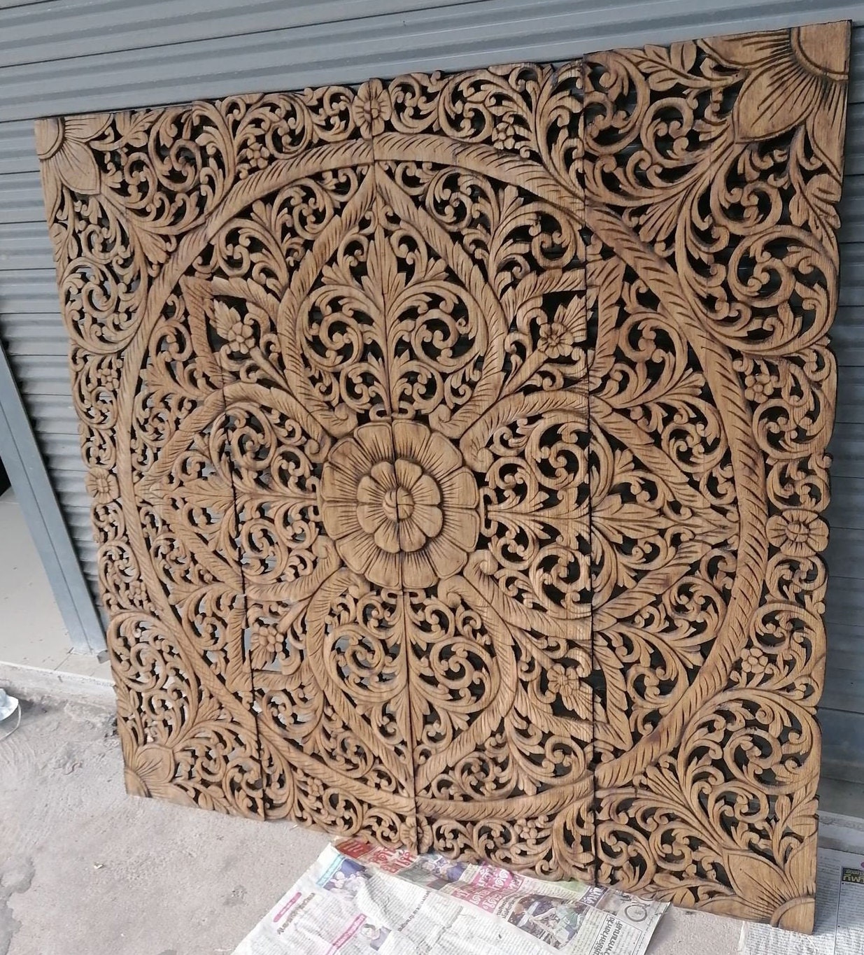 Brown Mandala Wood Carving Panel 120 x 120 Cm Lotus Wooden Etsy