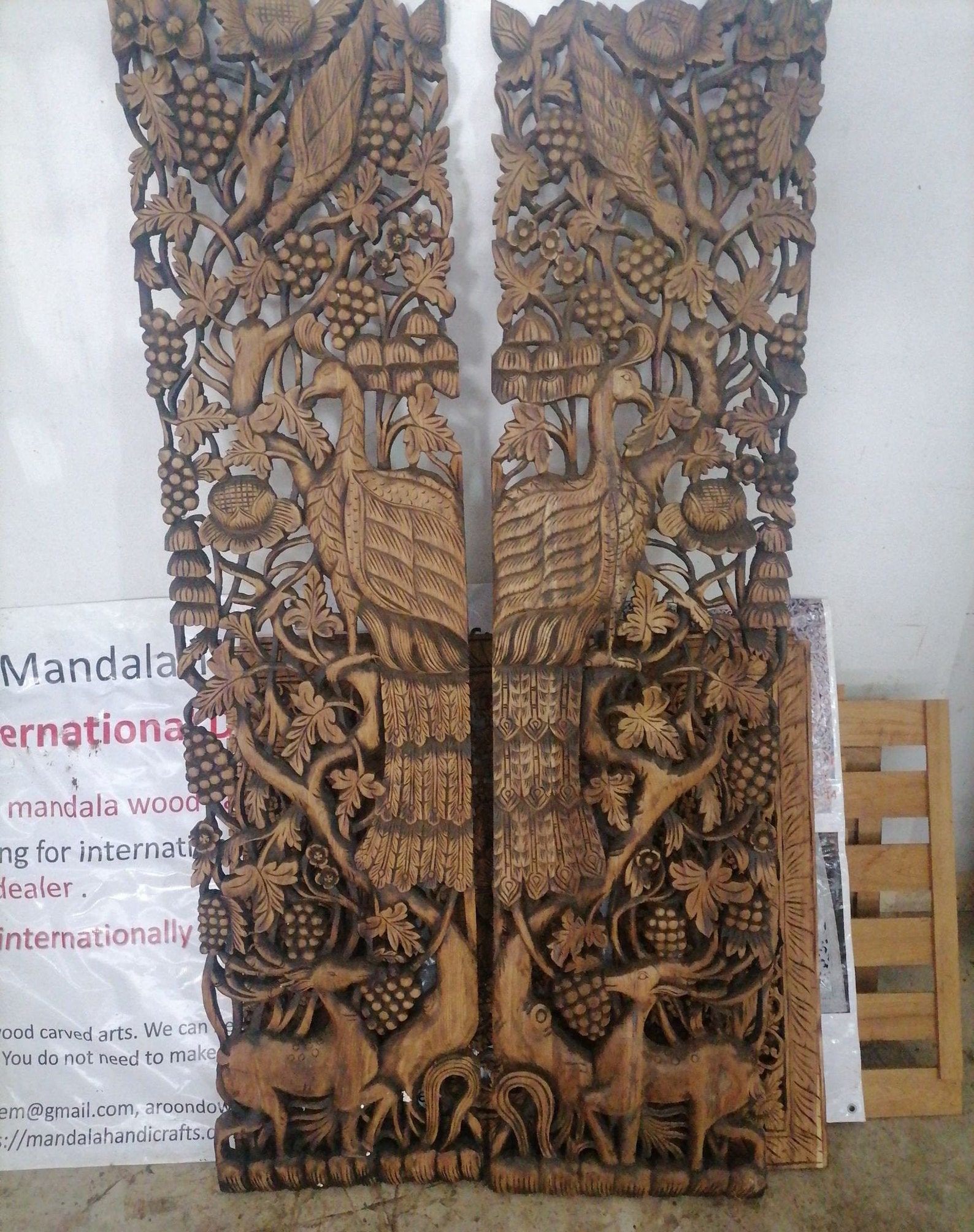 2 Pcs Natural Color Peacock Wood Carving Panel 45 x 180 Cm Etsy