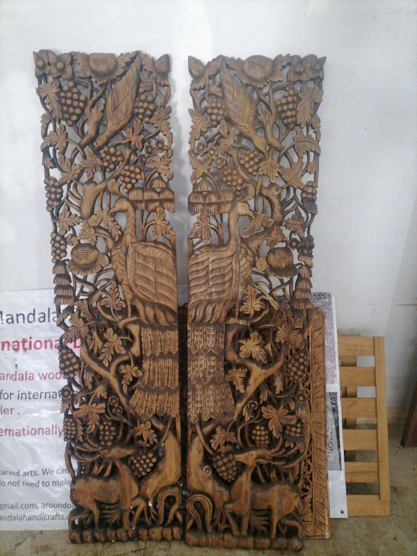 2 Pcs Natural Color Peacock Wood Carving Panel 45 x 180 Cm Etsy