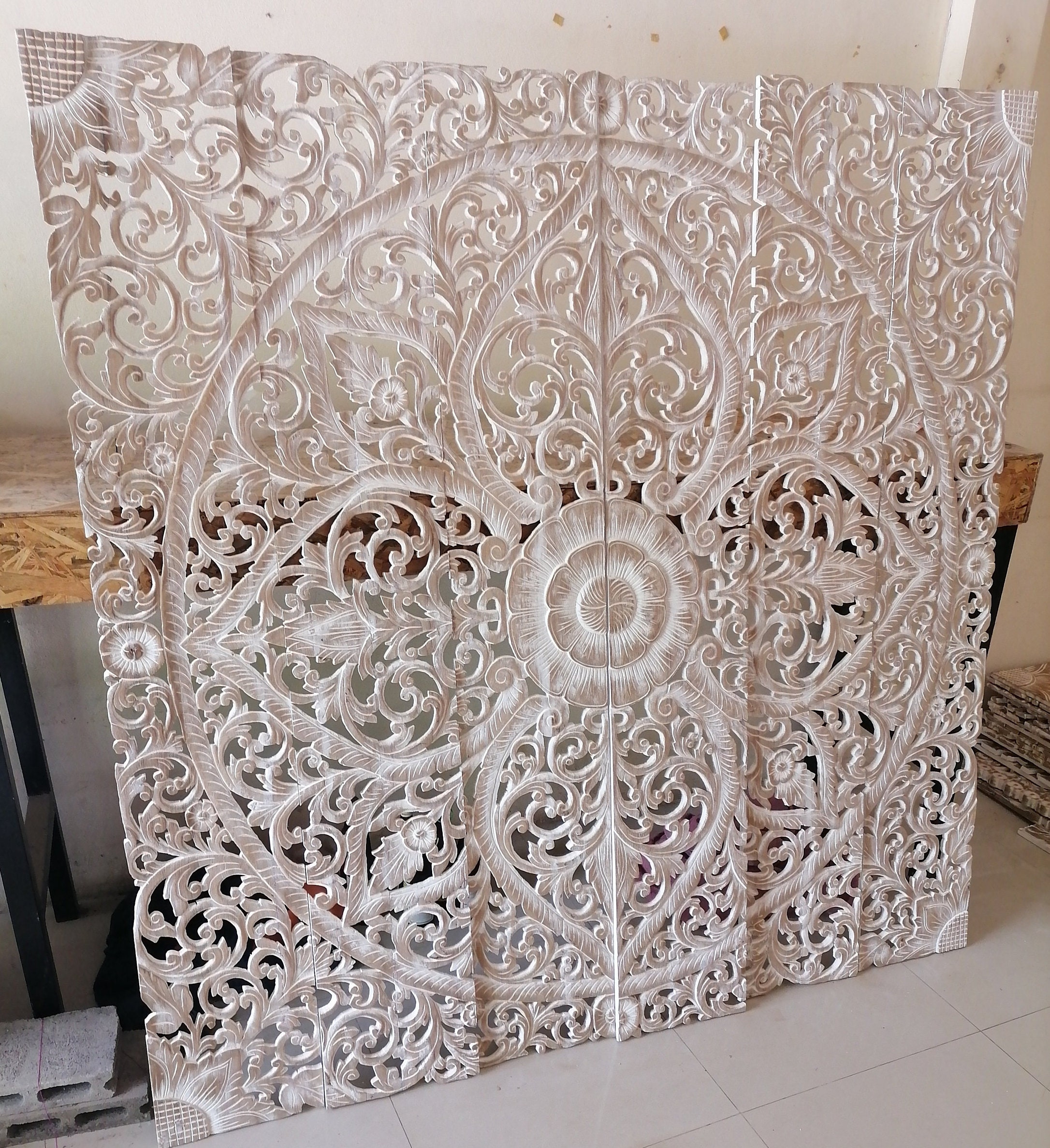 White Wash Mandala Headboard King Wooden Panel 180 x 180 Cm Etsy