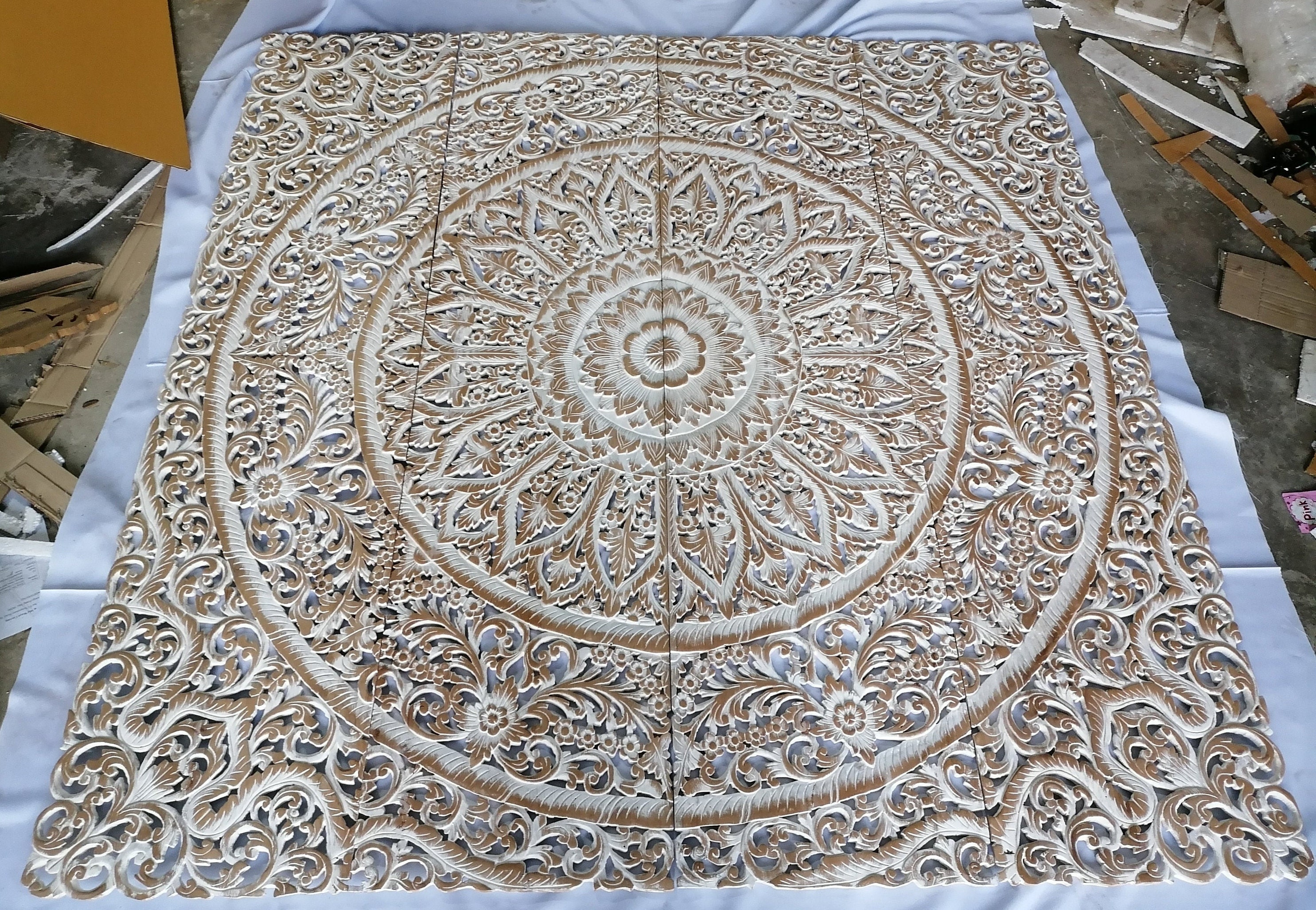 Cabecero King White Wash Mandala Madera Tallado PAnel 180 x | Etsy