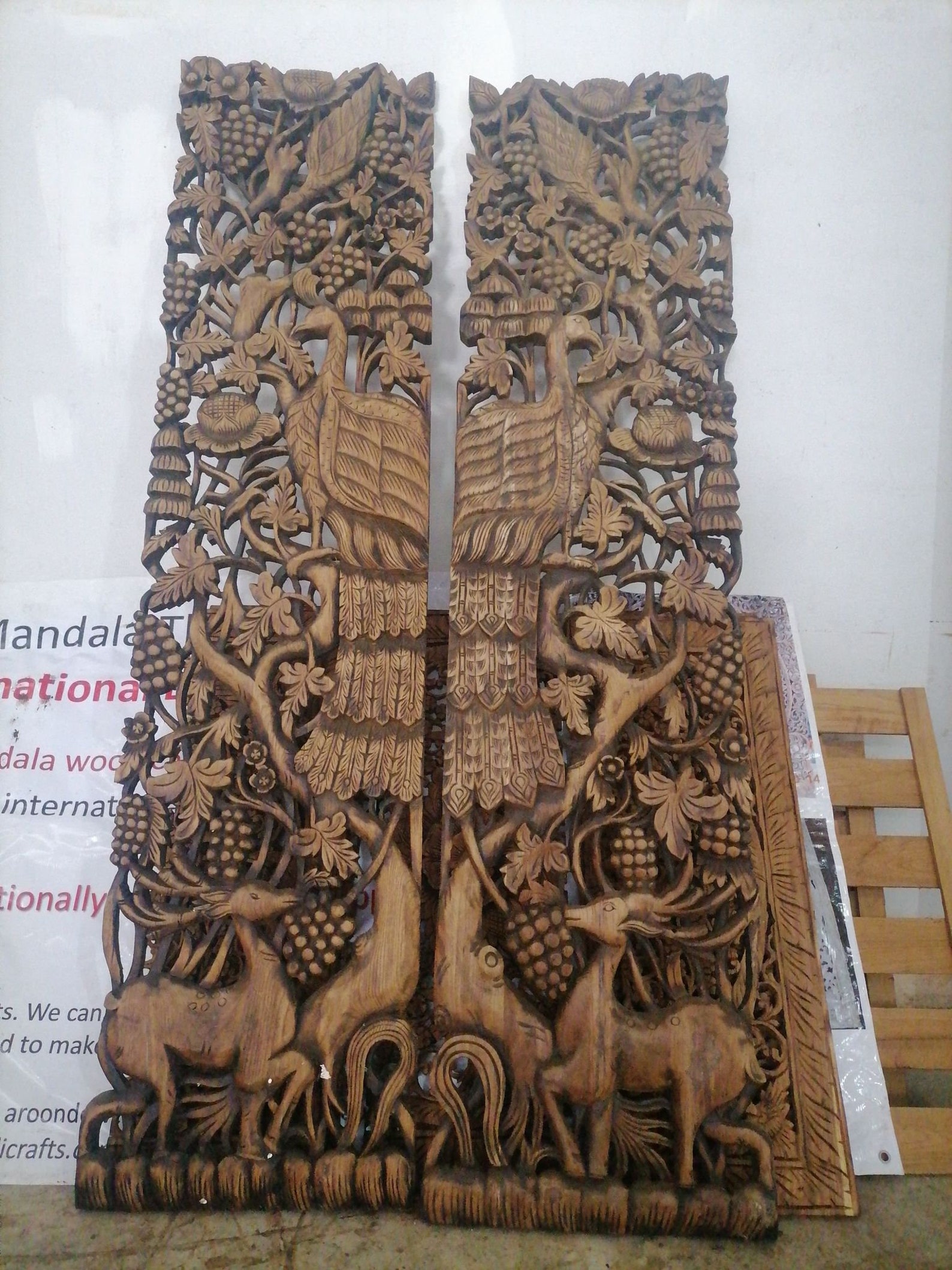 2 Pcs Natural Color Peacock Wood Carving Panel 45 x 180 Cm Etsy