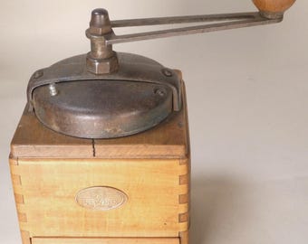 Vintage French Coffee Bean Grinder Manual Hardwood Cast Iron (Peugeot Frères?)