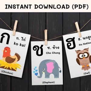 Tarjetas didácticas de 44 consonantes tailandesas para imprimir - Descarga instantánea