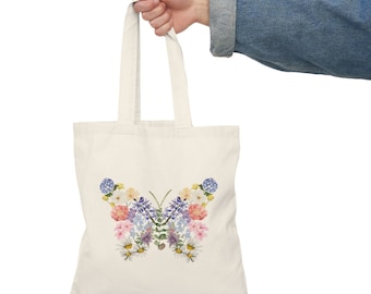 Butterfly Floral Tote Bag, Nature Print Shopping Bag, Eco-Friendly Market Tote, Botanical Canvas Tote, Garden Lover Gift, Butterfly Lover