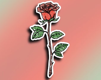 May include: A single red rose with green leaves and a patterned stem. The rose is drawn in a vintage style.