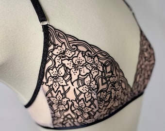 Semi-Sheer Stretch Mesh Bralette Black Velveteen Embossed Deco Floral Design Rose Tan/Nude Sustainable Ethical Made in USA fabric waste