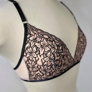 Semi-Sheer Stretch Mesh Bralette Black Velveteen Embossed Deco Floral Design Rose Tan/Nude Sustainable Ethical Made in USA fabric waste