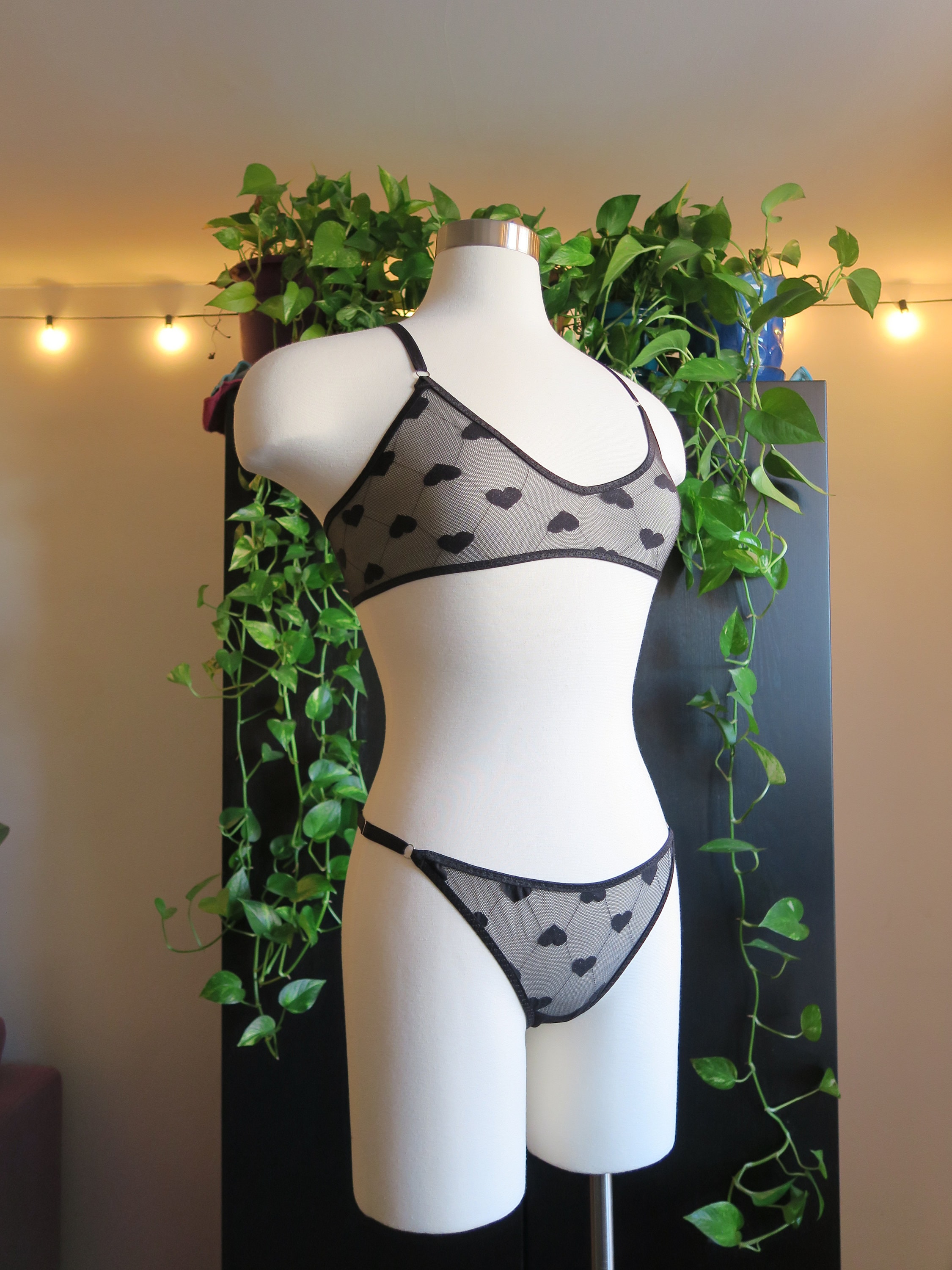 Sheer Black Heart Mesh Bralette & Adjustable Thong Set Sustainable Slow  Fashion Ethical Environmental -  Canada