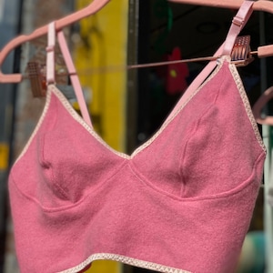 May include: A dusty rose-colored bra with a soft, textured appearance. The bra features a classic triangle cup design with delicate, adjustable straps and a contrasting cream-colored trim along the edges. It hangs on a pink hanger.