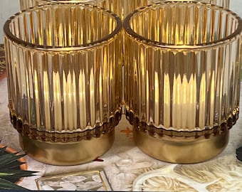 Ribbed Blush Pink Glass with Gold Base Candle Holders Set of 2