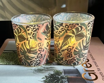 Monstera Leaf Animal Print Glass Votive Candle Holder Set of 2 Round Home Decor Accessory