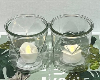 Glass Geometric Candle Holders Set of 2, Clear Glass Candle Holders With Angles Triangles Octagons