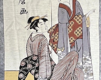 Japanese Noren Curtain | Linen Ukiyo-e Geisha Fabric Wall Hanging | Traditional Japanese Doorway Curtain | Japandi Asian Home Decor