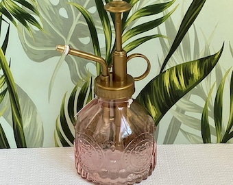 Pink Glass Plant Mister | Brass Colored Pump Sprayer | Orchid Spritzer | Plant Lover Gift | BOHO Houseplant Watering Tools