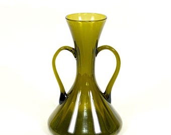 VINTAGE Empoli Green Blown Glass Double Handle Vase | Mid Century Modern Art Glass Vase | Retro Olive Green Bud Vase | MCM Decor Vase