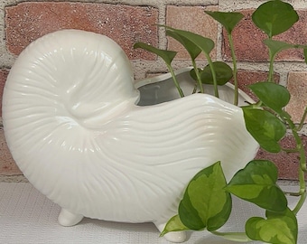 Vintage Fitz and Floyd Style Nautilus Shell Planter | MCM Statement Planter | White Coastal Beach House Decor | Nautilus Shell flower Pot