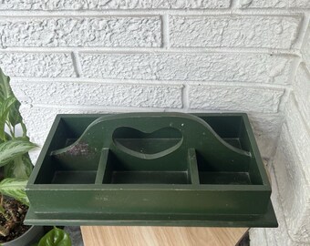 Vintage Wood Utensil Caddy | Farmhouse Entryway Organizer | Heart Cut Out Storage Caddy | Cottagecore Mail Sorter | Wood Desk Organizer