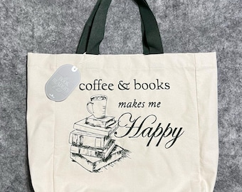 COFFEE & BOOKS Makes Me Happy Cotton Canvas Reusable Tote Bag Multi Embroidered