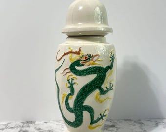 VINTAGE Ming Dragon Lidded Ceramic Vase | Antique Chinese Dragon Pot | Asian Decor Apothecary Pot | White Green Yellow Oriental Decor Jar