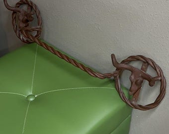 VINTAGE Western Hand Forged Iron Towel Rack Longhorn Steer Head Hooks Twisted Bar | Aged Patina Texas Ranch Cowboy Bathroom Wall Rack Pull