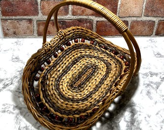 Vintage Gathering Basket With Wooden Beads | Wicker Magazine RacK | Handcrafted Decorative Basket | BOHO Decor Display Basket | Towel Basket