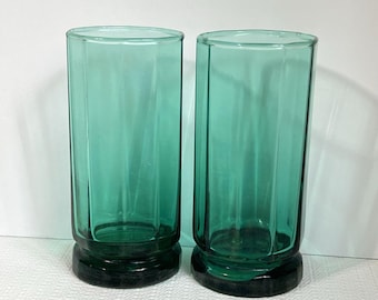 VINTAGE Anchor Hocking 10 Panel Highball Glass Set of 2 | Emerald Green MCM Glasses | 70s Barware