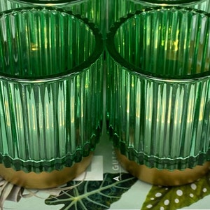 Ribbed Green Glass with Gold Base Candle Holders Set of 2