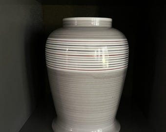 VINTAGE 1979 The Haldon Group Japanese Ceramic Vase | Gray White Maroon Striped Pottery Vase | Large 70s Ceramic Vase | Pottery Gift