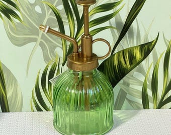 Green Ribbed Glass Plant Mister | Brass Colored Pump Sprayer | Orchid Spritzer | Plant Lover Gift | BOHO Houseplant Watering Tool