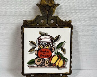 VINTAGE Peaches in Brandy Tile Trivet Wall Decor | MCM Cast Iron Trivet | Ceramic Tile Footed Trivet | Rustic Farmhouse Kitchen Decor