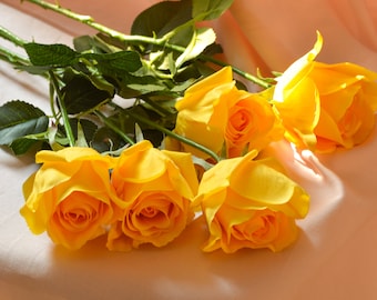 Real touch yellow rose. Rayon roses for wedding bouquets. Home decor flowers.