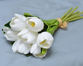 7-stem ivory white PU tulip bunch. Real-touch artificial flowers. Wedding home floral arrangement.