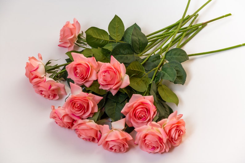 May include: A bouquet of pink roses with green leaves and stems. The roses are arranged in a loose, natural way, with some of the flowers overlapping.