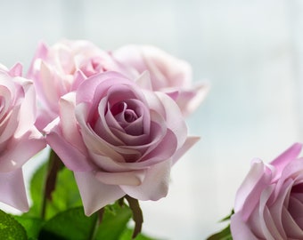 Real touch pale purple colour roses.Wedding home floral arrangement. Artificial silk flower. DIY bridal bouquet.