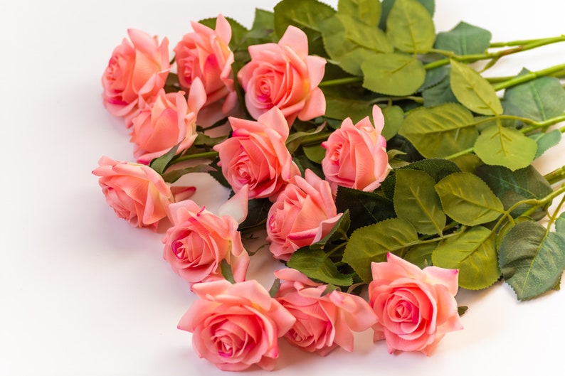 May include: A bouquet of pink roses with green leaves. The roses are arranged in a semi-circle shape.