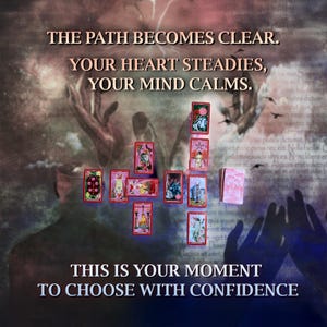 May include: A tarot card spread with the text "THE PATH BECOMES CLEAR. YOUR HEART STEADIES, YOUR MIND CALMS." and "THIS IS YOUR MOMENT TO CHOOSE WITH CONFIDENCE". The spread is laid out in a cross shape with ten cards, each with a different image and text.