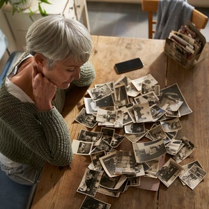 May include: A woman sits at a wooden table, looking through a pile of black and white photographs. The photos are scattered across the table, and the woman is holding one in her hand.