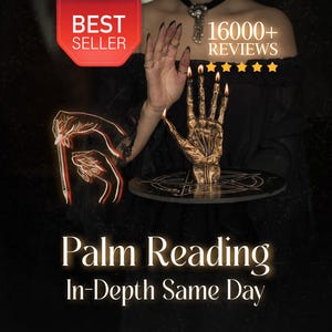 Può includere: Un portacandele a forma di mano color oro con candele accese, appoggiato su un piatto nero con un disegno a pentagramma. L'immagine include il testo "Palm Reading In-Depth Same Day" e un badge "Best Seller".