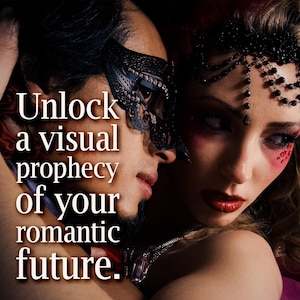 K&ouml;nnte beinhalten: Romantisches Bild mit zwei Personen, eine davon tr&auml;gt eine schwarze Spitzenmaske mit Strasssteinen. Der Text im Bild lautet: "Unlock a visual prophecy of your romantic future."