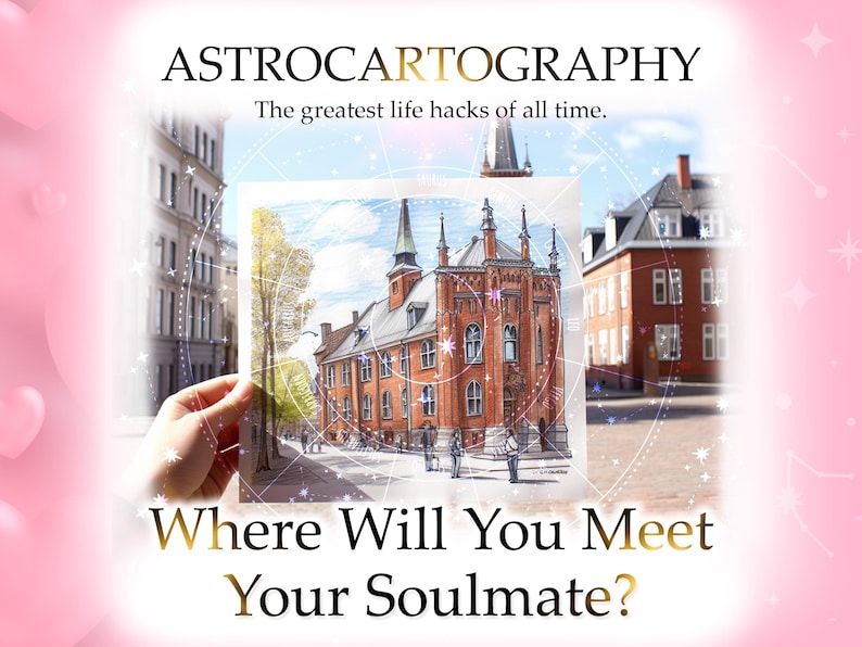 May include: A watercolor illustration of a building with a red roof and white trim. The building is surrounded by trees and a blue sky. The text "Where Will You Meet Your Soulmate?" is written in gold letters below the illustration.